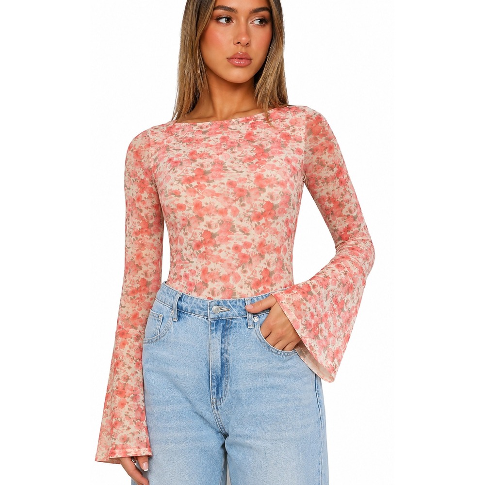 Prinbara Floral Mesh Top‎ Womens XL Pink Bell Sleeve Boat Neck Romantic Boho